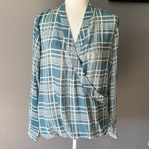CAbi Windowpane Plaid Wrap Blue Long Sleeve Blouse